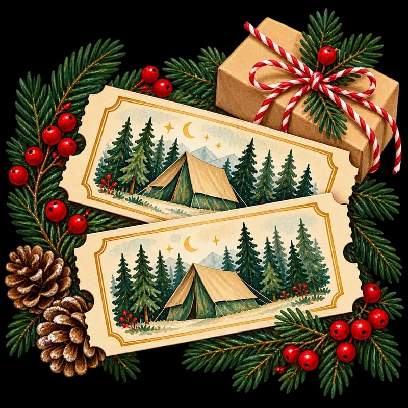 Illustration of two raffle tickets beside a wrapped gift, among fir and red berries