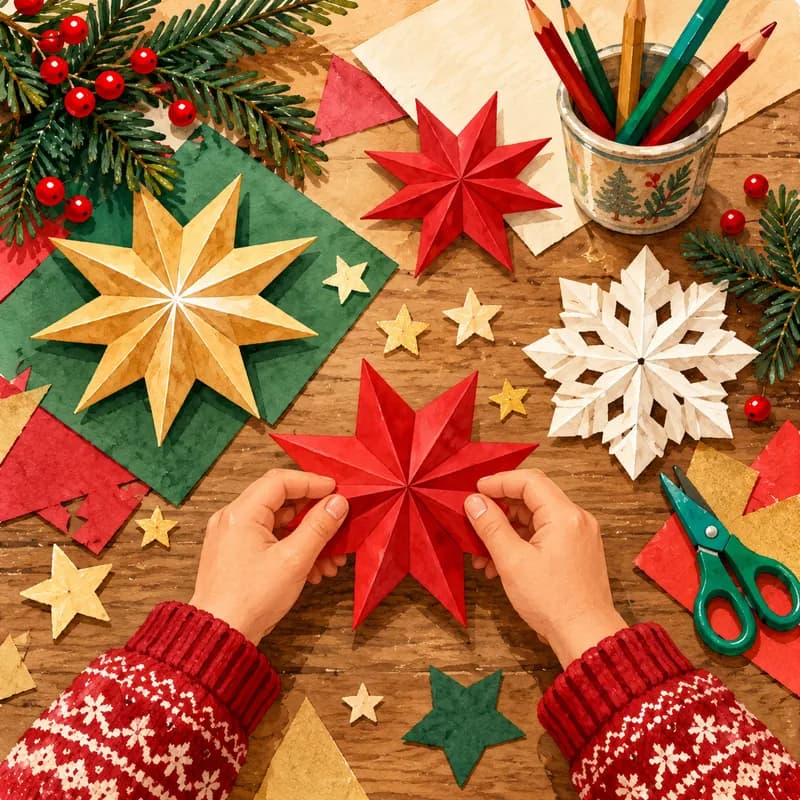 Illustration of children’s hands folding paper Christmas stars