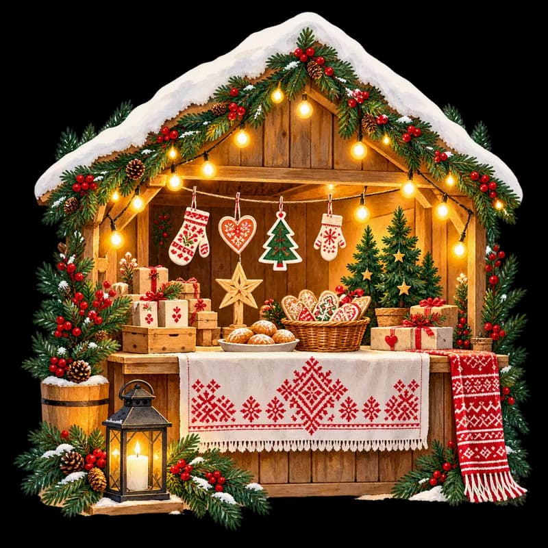 Illustration of a Christmas market stall with handmade gifts