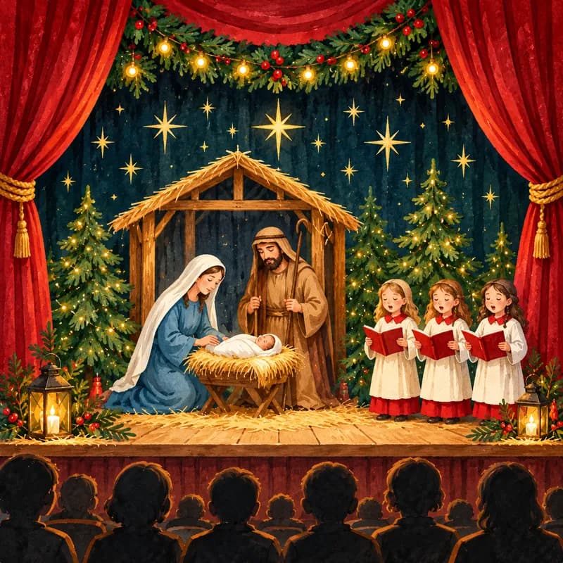 Illustration of a live nativity on stage with carol singers